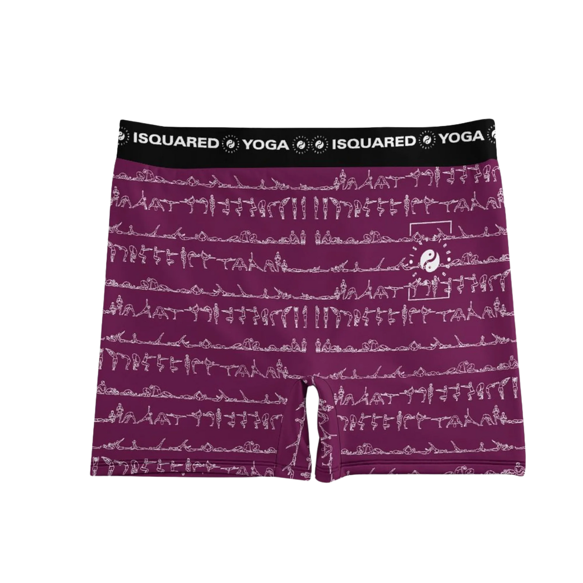 Unisex shorts in a deep purple color featuring white yoga poses and a comfortable elastic waistband.