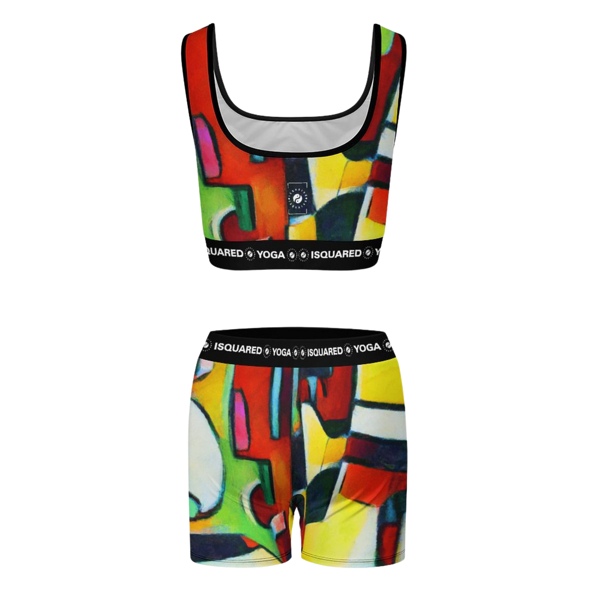 Colorful iSquared Yoga Set featuring an abstract print. The crop top has a wide neckline, and the shorts have a comfortable waistband.
