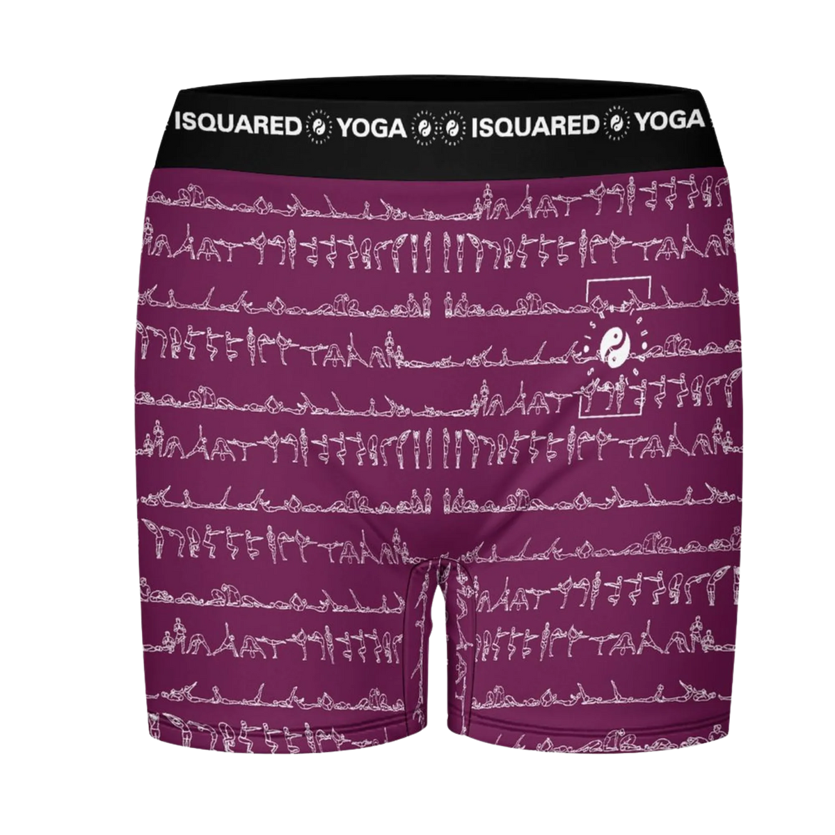 Bikram Ember iSquared Yoga shorts in deep burgundy feature a dynamic pattern of white yoga poses and a black elastic waistband.