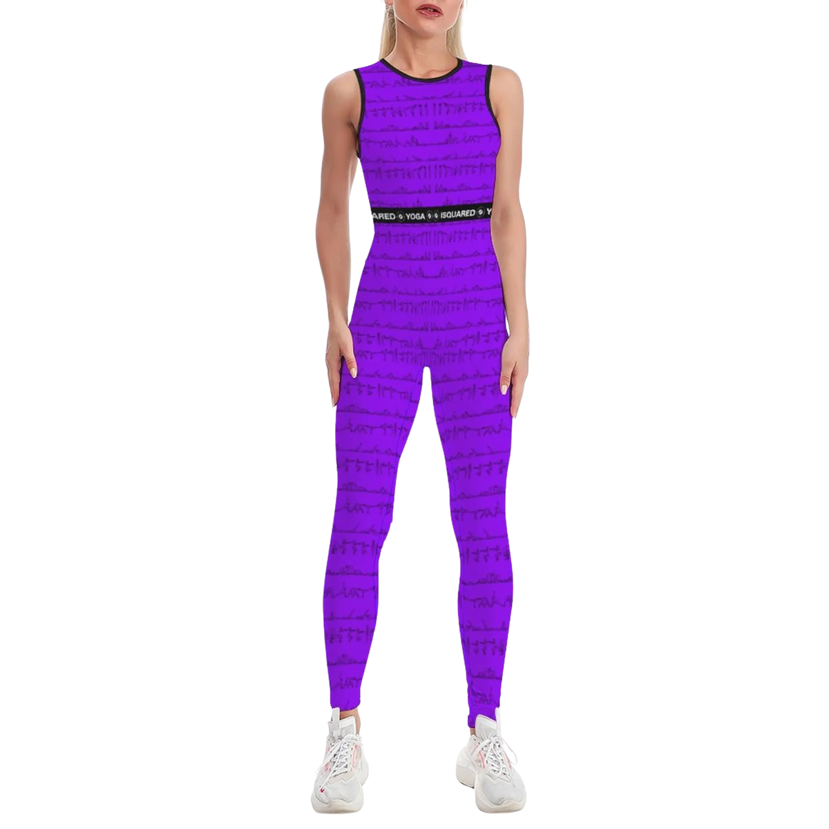 Sleeveless purple jumpsuit with a black branded waistband, featuring a bold print of yoga postures.