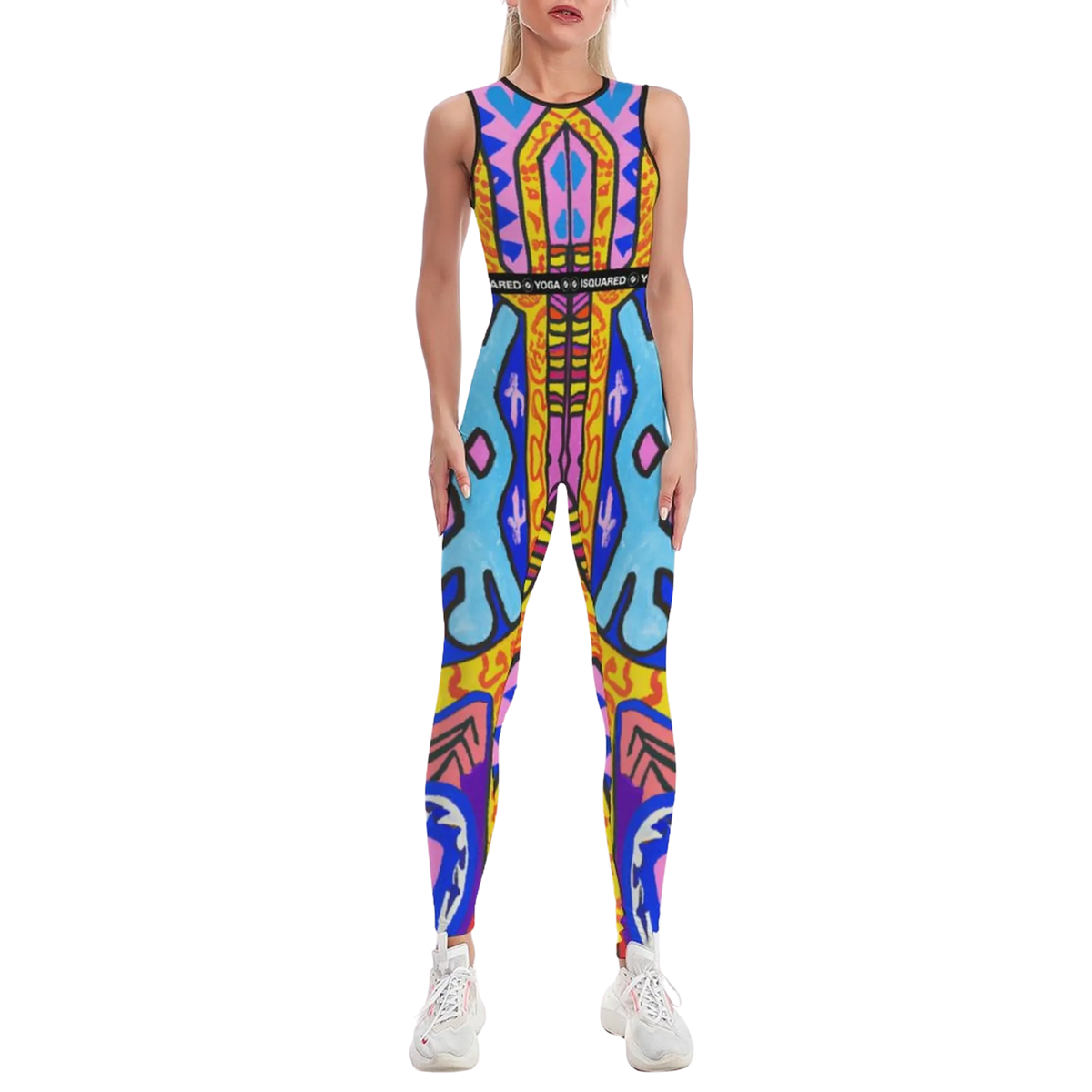 Sleeveless athletic jumpsuit featuring a colorful geometric pattern, body-hugging fit, and a stylish waistband.