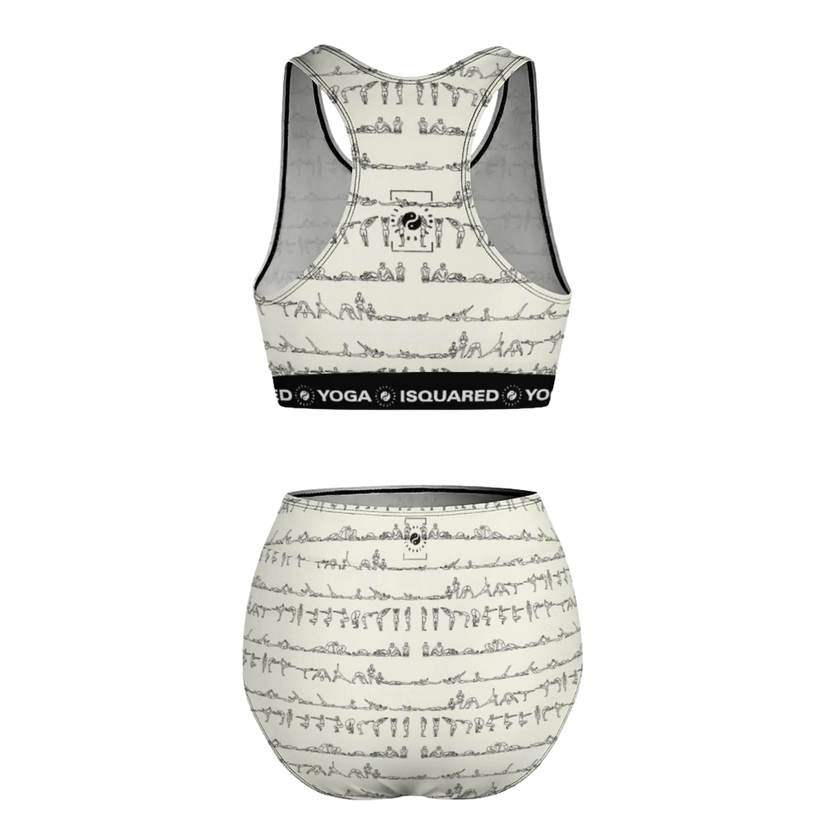 Bikram Series Hot Yoga Bikini Set in cream with black printed yoga poses. Features a sporty crop top with a wide band.
