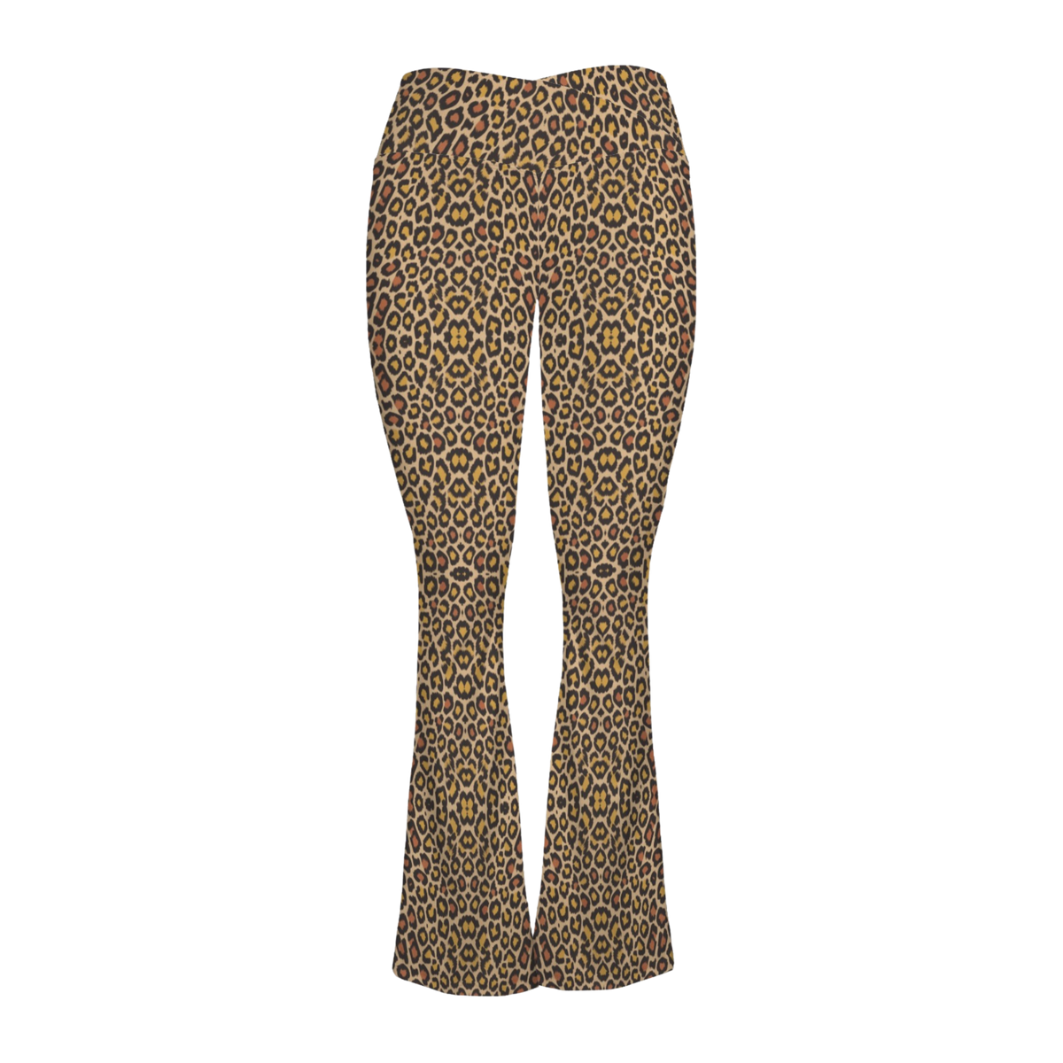 Cross waisted flair leggings in golden leopard print, featuring a snug fit and a vintage-inspired design.