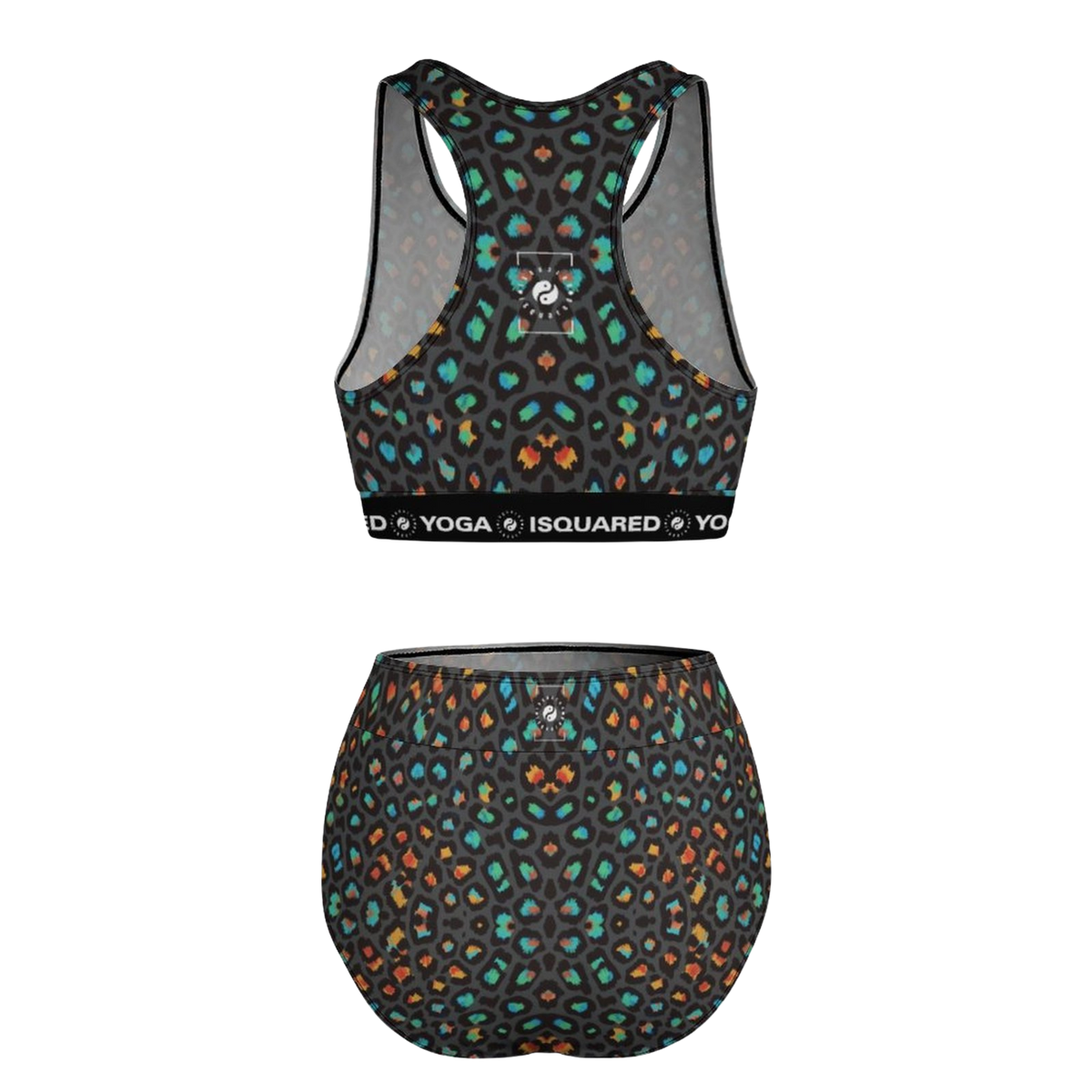Hot Yoga Bikini Set featuring a vibrant leopard print with teal, orange, and black colors. Racerback design and elastic waistband.
