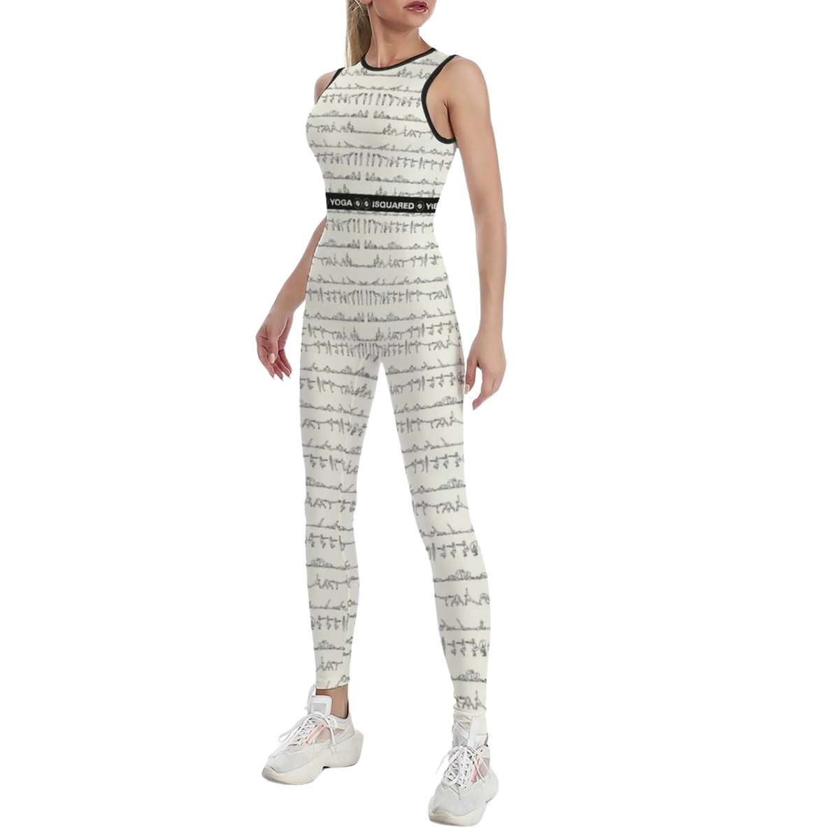 Sleeveless ivory jumpsuit with a Bikram yoga print, featuring a fitted silhouette and a contrasting band at the waist.