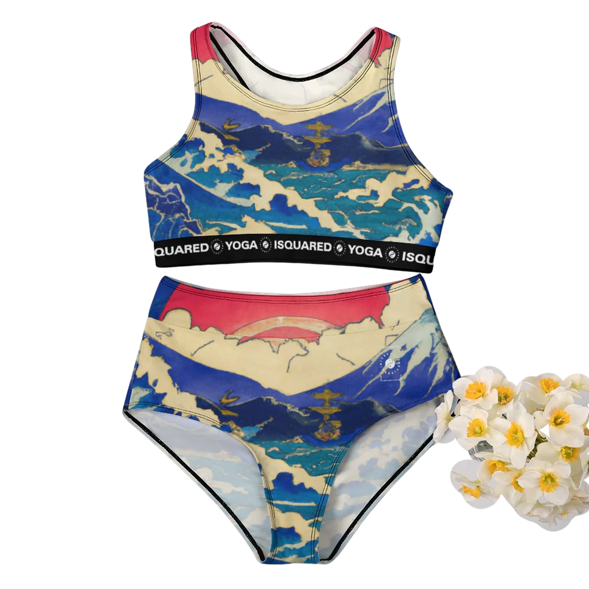 Vibrant hot yoga bikini set featuring a patterned crop top and high-waisted bottoms, with a black waistband.