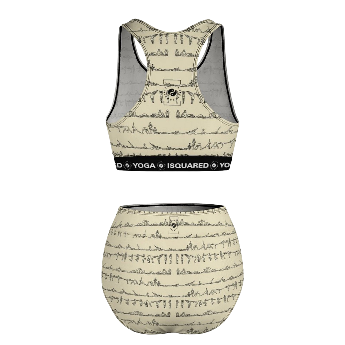 Bikram Pastel hot yoga bikini set in creamy yellow features a yoga posture print and breathable fabric for comfort.