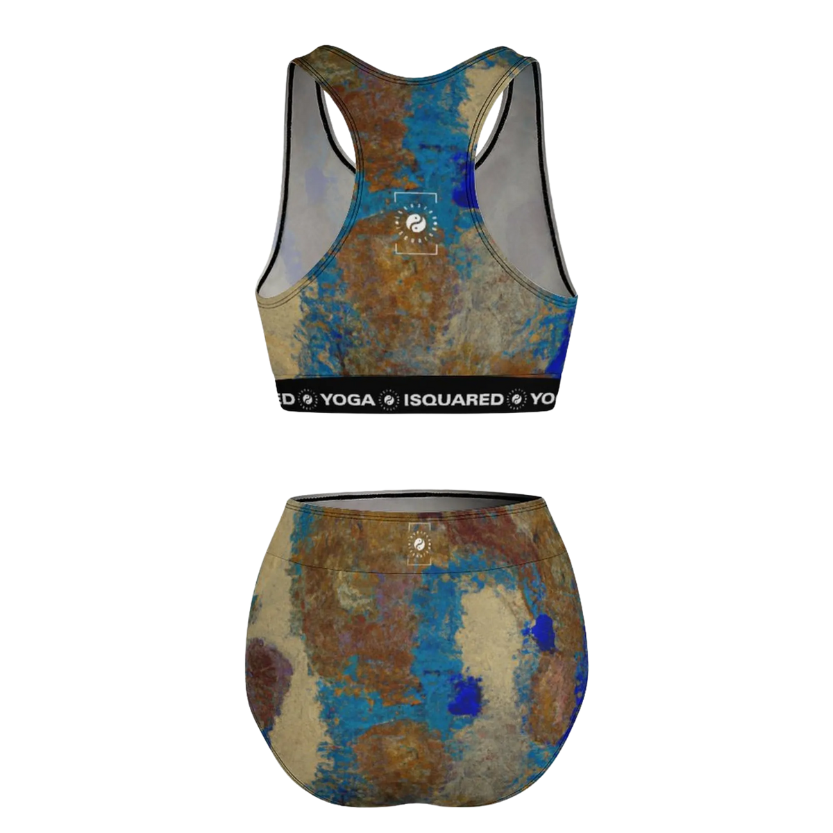 Hot Yoga Bikini Set featuring a multicolored print with shades of blue and brown, designed for comfort and flexibility.