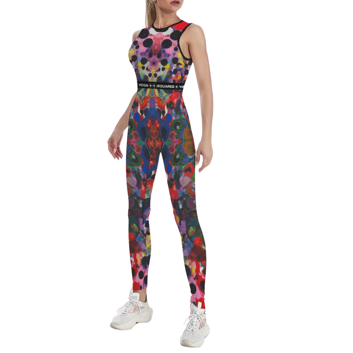 Sleek sleeveless iSquared jumpsuit featuring a vibrant multicolor abstract pattern, styled with white sneakers.