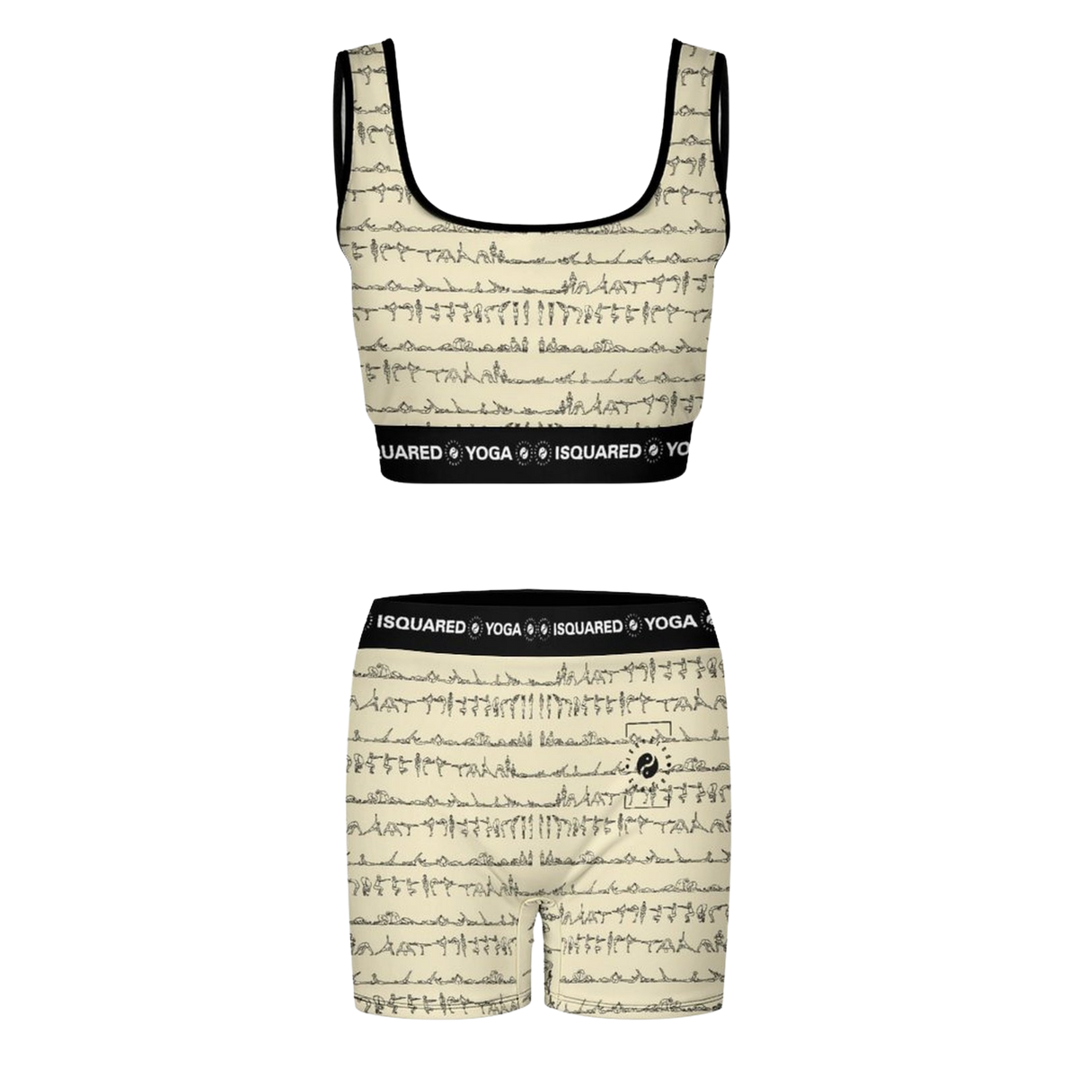Bikram Pastel yoga set in a light cream with black rhythmic pattern. Features a cropped top with wide straps and matching shorts.