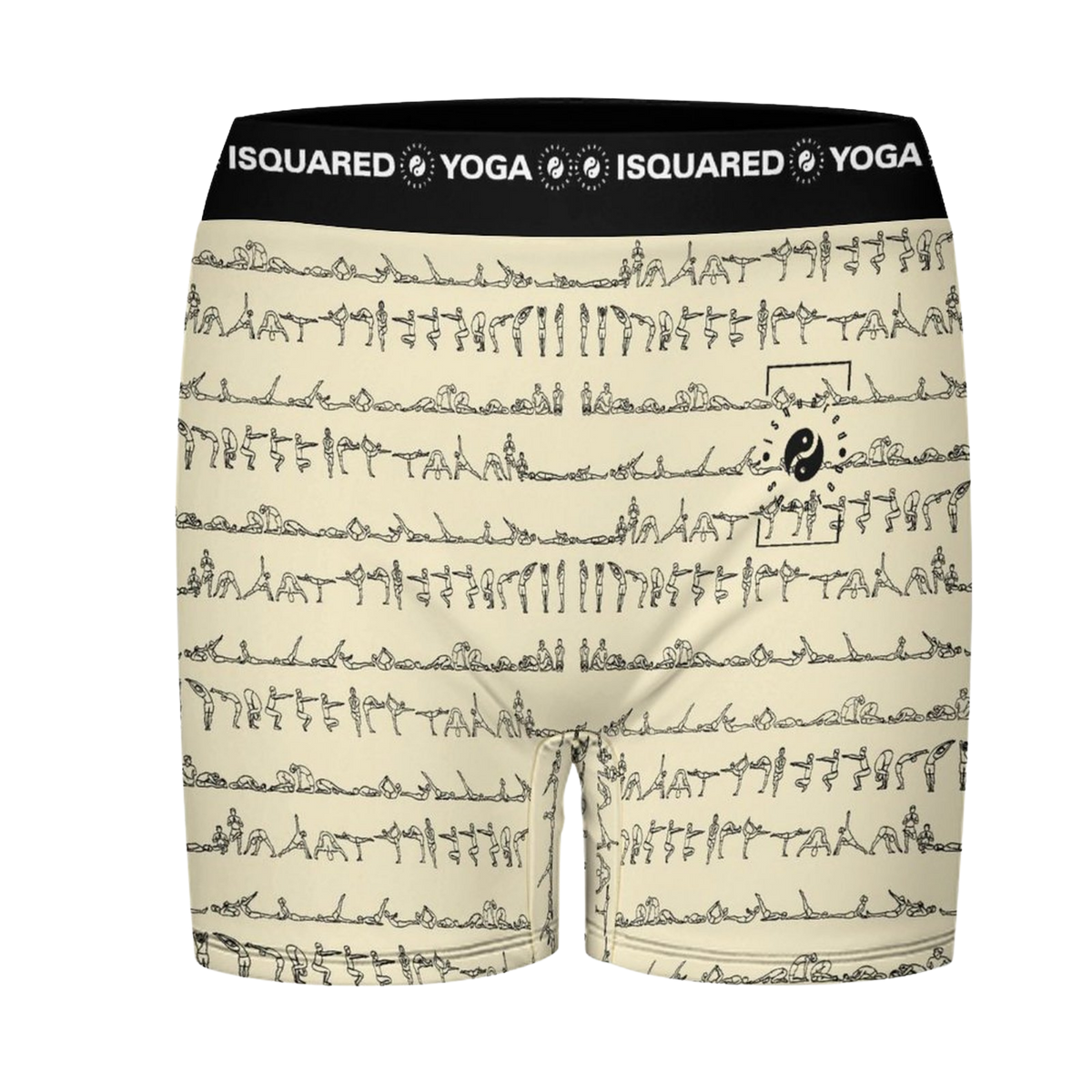 Bikram Pastel iSquared Yoga Shorts in cream, featuring a line drawing of yoga poses and a wide black elastic waistband.