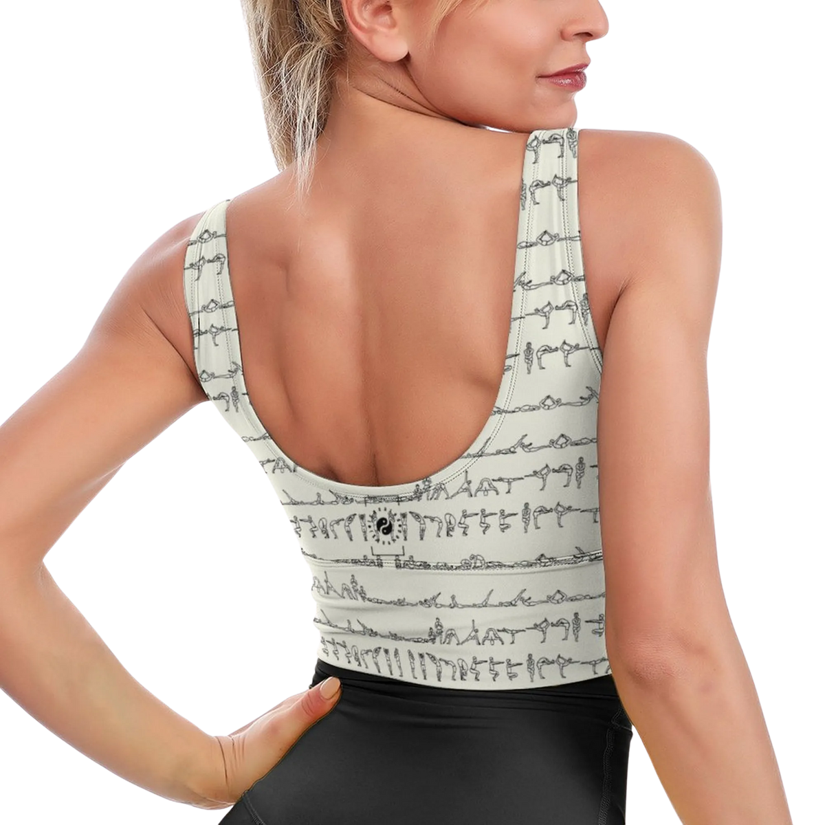 Bikram Series iSquared Crop Top with all-over yoga pose print, padded support, cropped fit, and U-back design