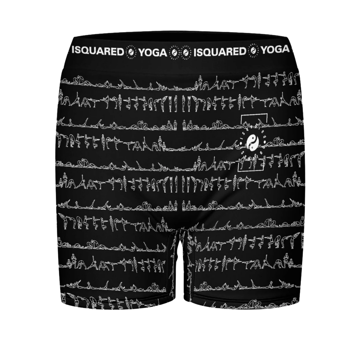 Bikram Ember yoga shorts in black featuring a white pattern of yoga poses, with a wide elastic waistband.