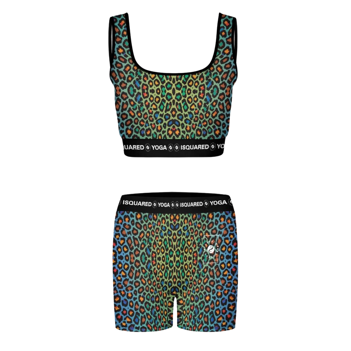 Wild Leopards iSquared Yoga Set featuring a vibrant multicolor leopard print on a crop top and fitted shorts. Black band with logo.