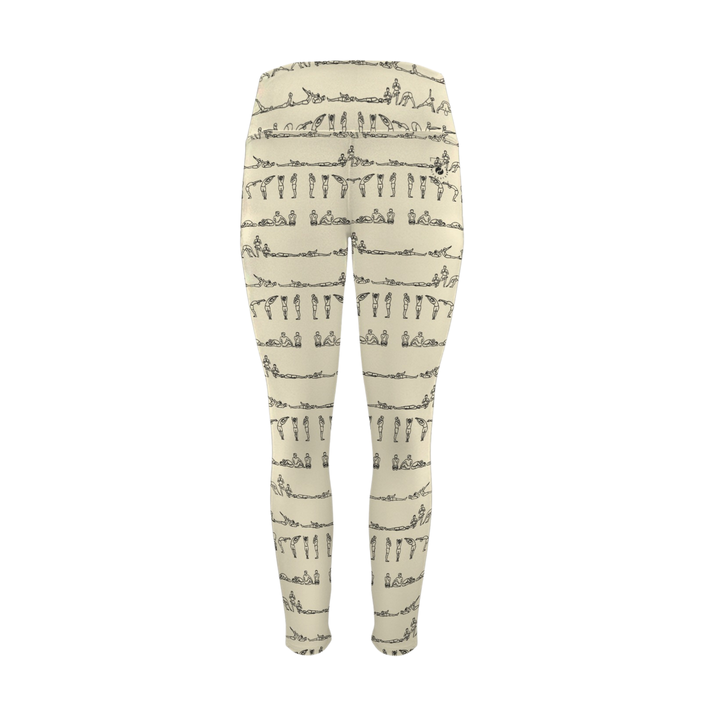 Bikram Pastel pocket leggings in soft cream with black printed yoga poses, featuring a high-rise waistband and stretchy fit.
