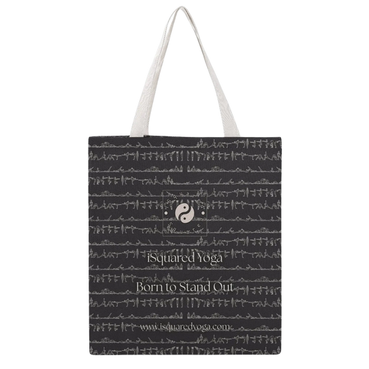 Black tote bag featuring white yoga poses and the iSquared Yoga logo, with soft white shoulder straps.