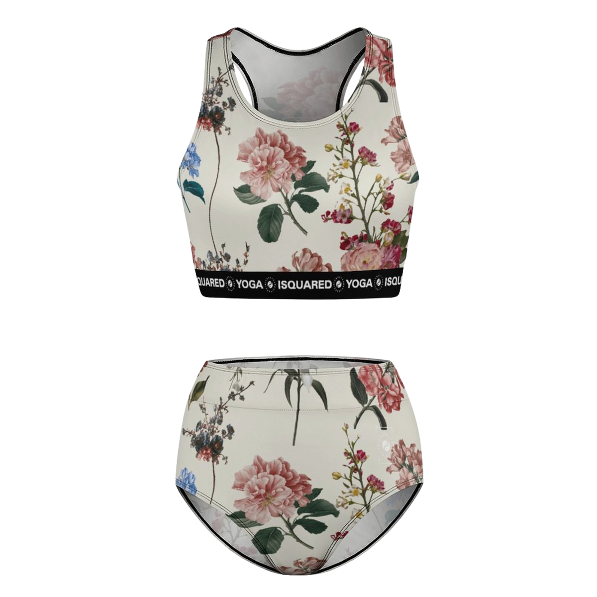 Hot yoga bikini set featuring a floral design in pink, blue, and green on a light beige background.