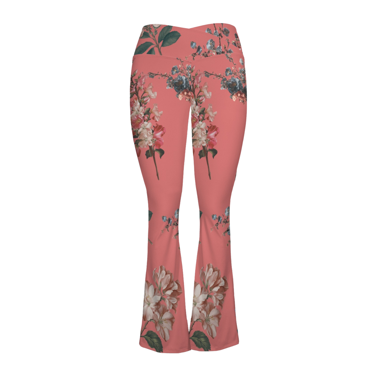 Botanicals Cross Waisted Flair Leggings in vibrant coral with floral pattern, flared legs, and crossover waistband for a flattering fit.