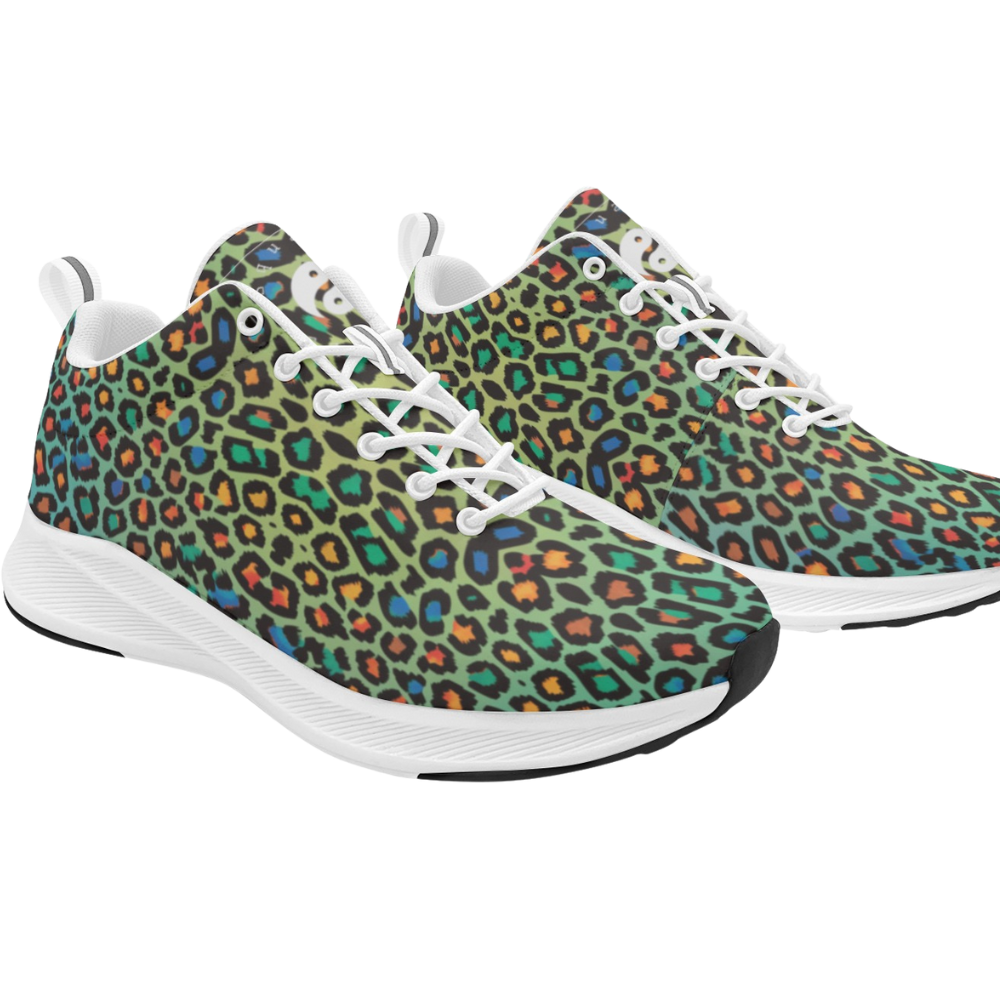 Colorful athletic shoes featuring a vibrant multicolored leopard print design on a soft faux suede material.