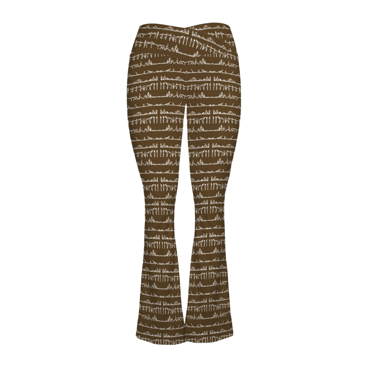 Bikram Ember Cross Waisted Flair Leggings in brown with white yoga pose pattern, featuring a crossover waistband and flared legs.