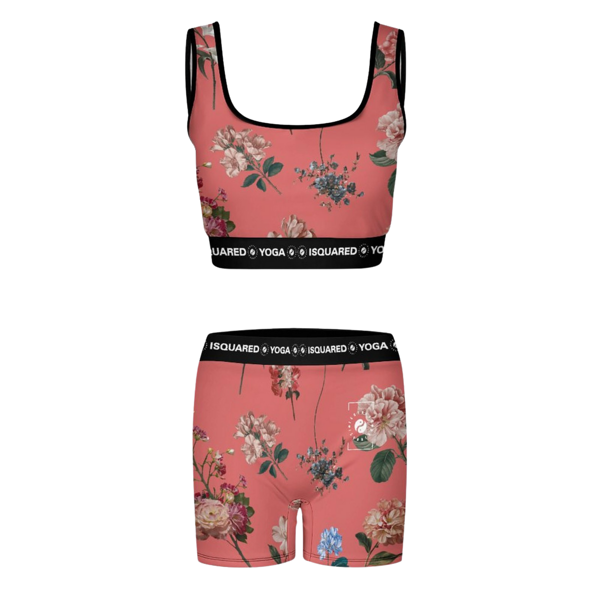 Botanicals iSquared Yoga Set in vibrant coral with floral print, featuring a scoop neck crop top and matching shorts with elastic band.