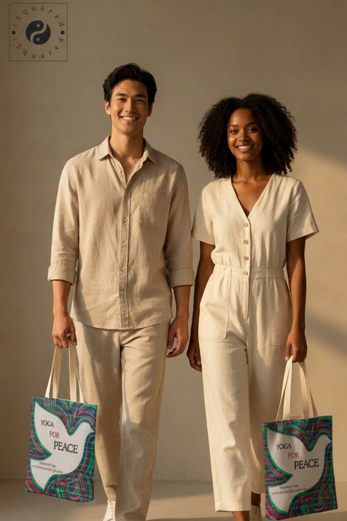 Yoga For Peace iSquared tote bag in 100% cotton canvas with double-sided peace print and shoulder straps