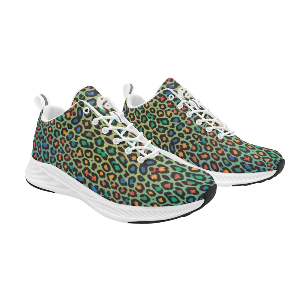 Colorful leopard print running shoes featuring vibrant greens, blues, and oranges, with white laces and a sleek outsole.
