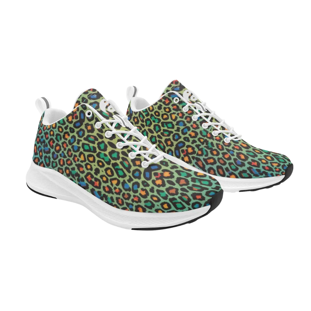 Colorful leopard print running shoes featuring vibrant greens, blues, and oranges, with white laces and a sleek outsole.