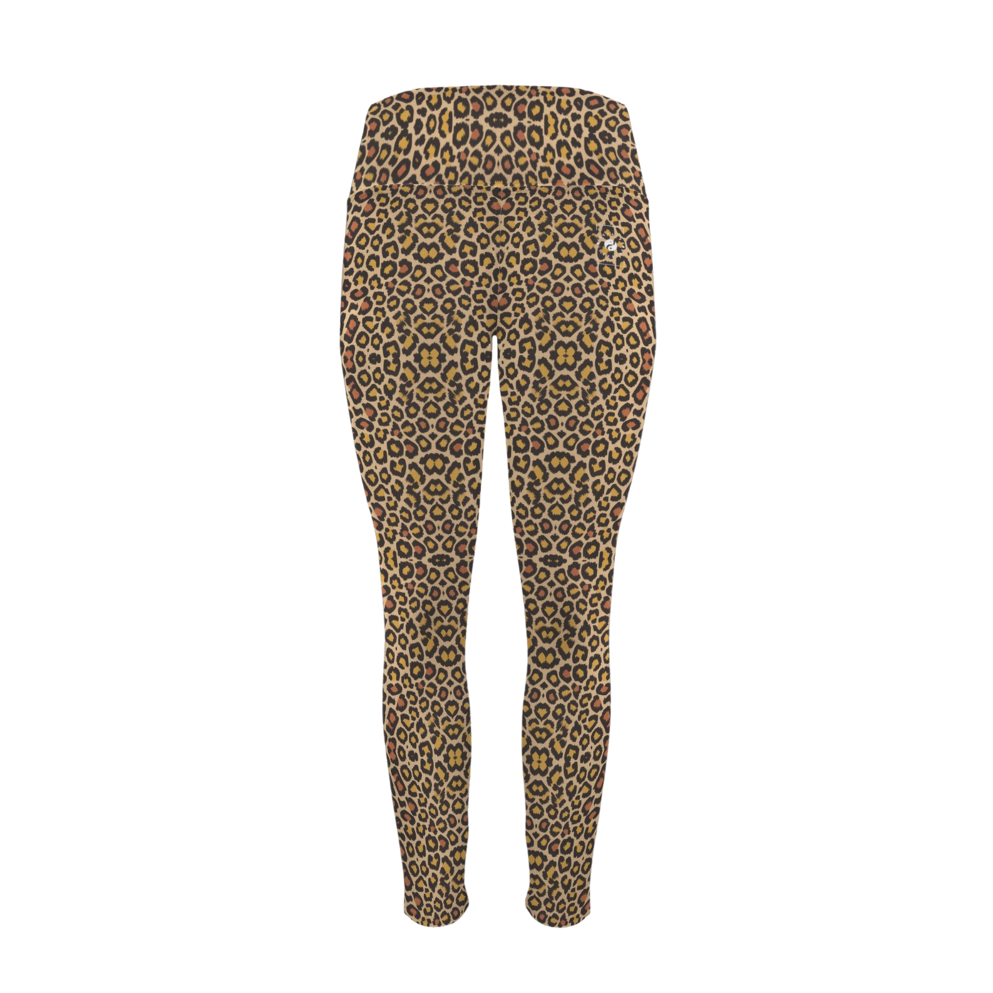 High-rise leopard print leggings featuring a wide waistband and two side pockets for convenience.