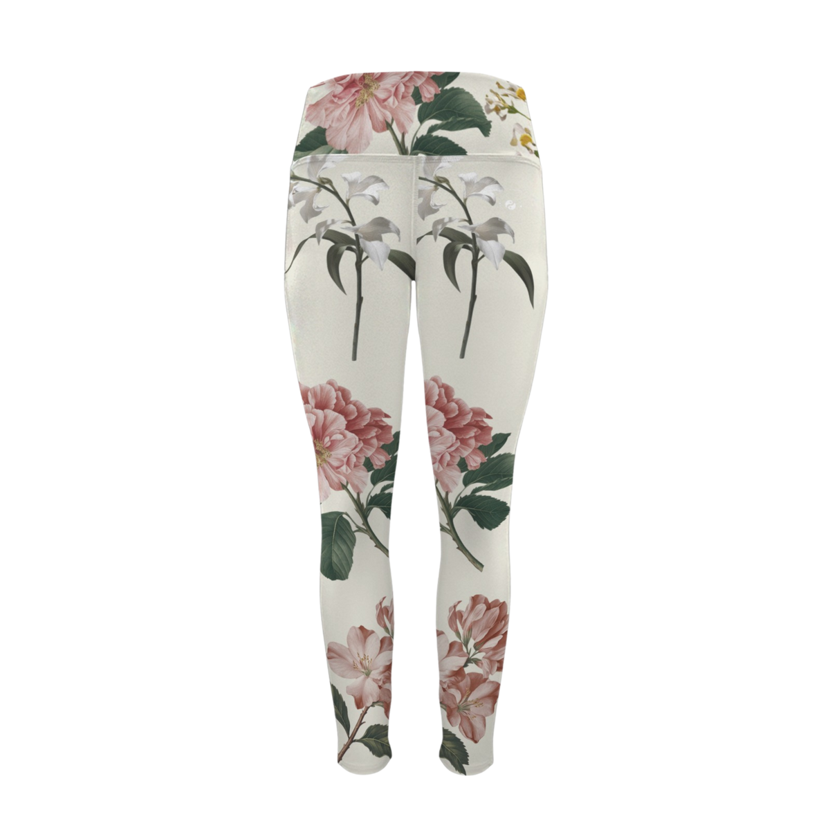 High-rise pocket leggings featuring a cream background with vibrant pink and white floral prints.