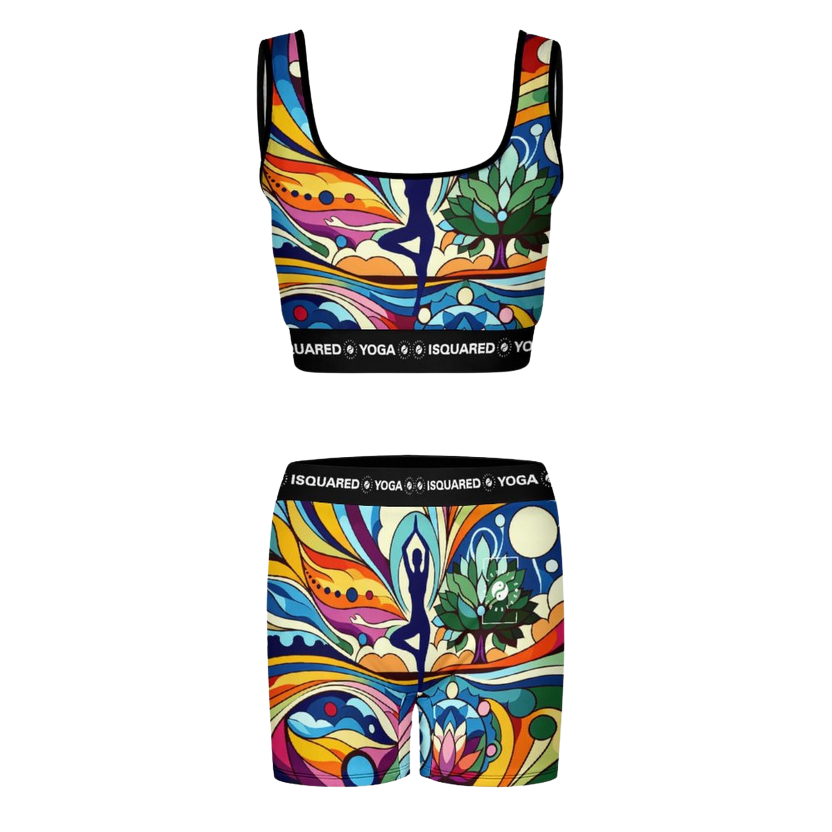 Colorful iSquared Yoga Set featuring a scoop-neck crop top and matching shorts, both with abstract all-over prints.