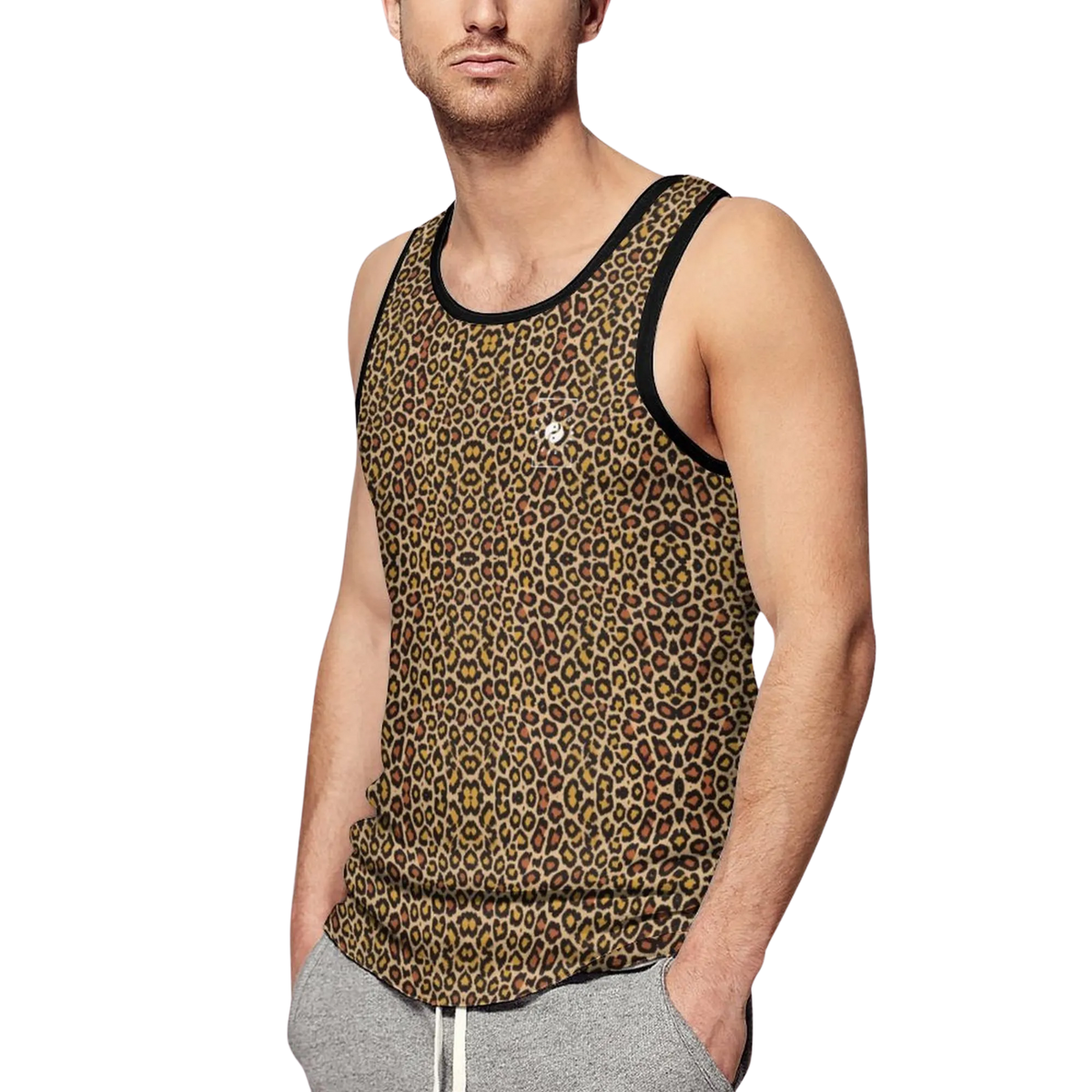 Sleeveless iSquared Tank Top in classic leopard print with golden and black spots, styled casually with grey shorts.