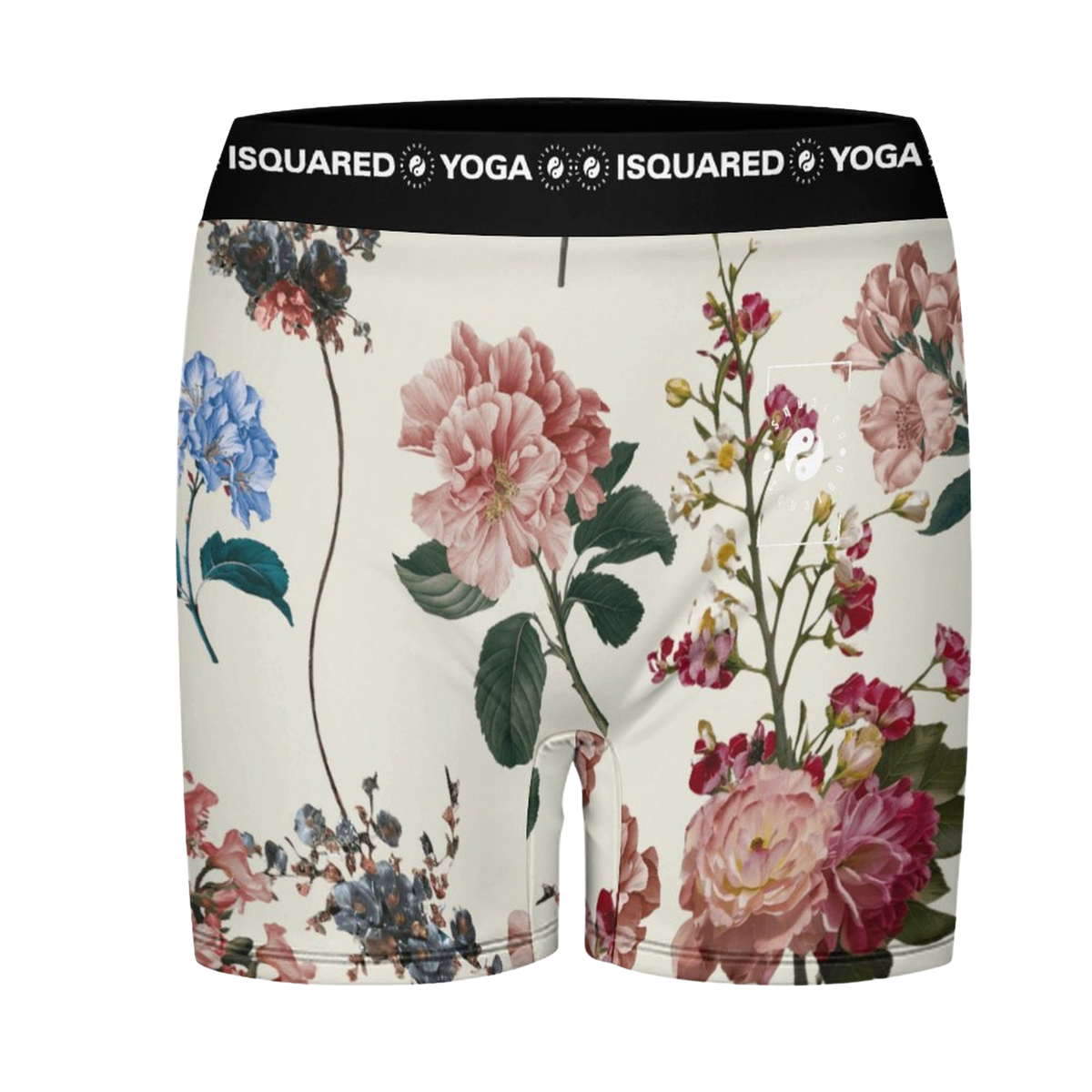 Unisex iSquared Yoga Shorts featuring a floral print in soft pinks, blues, and greens on a light beige background.