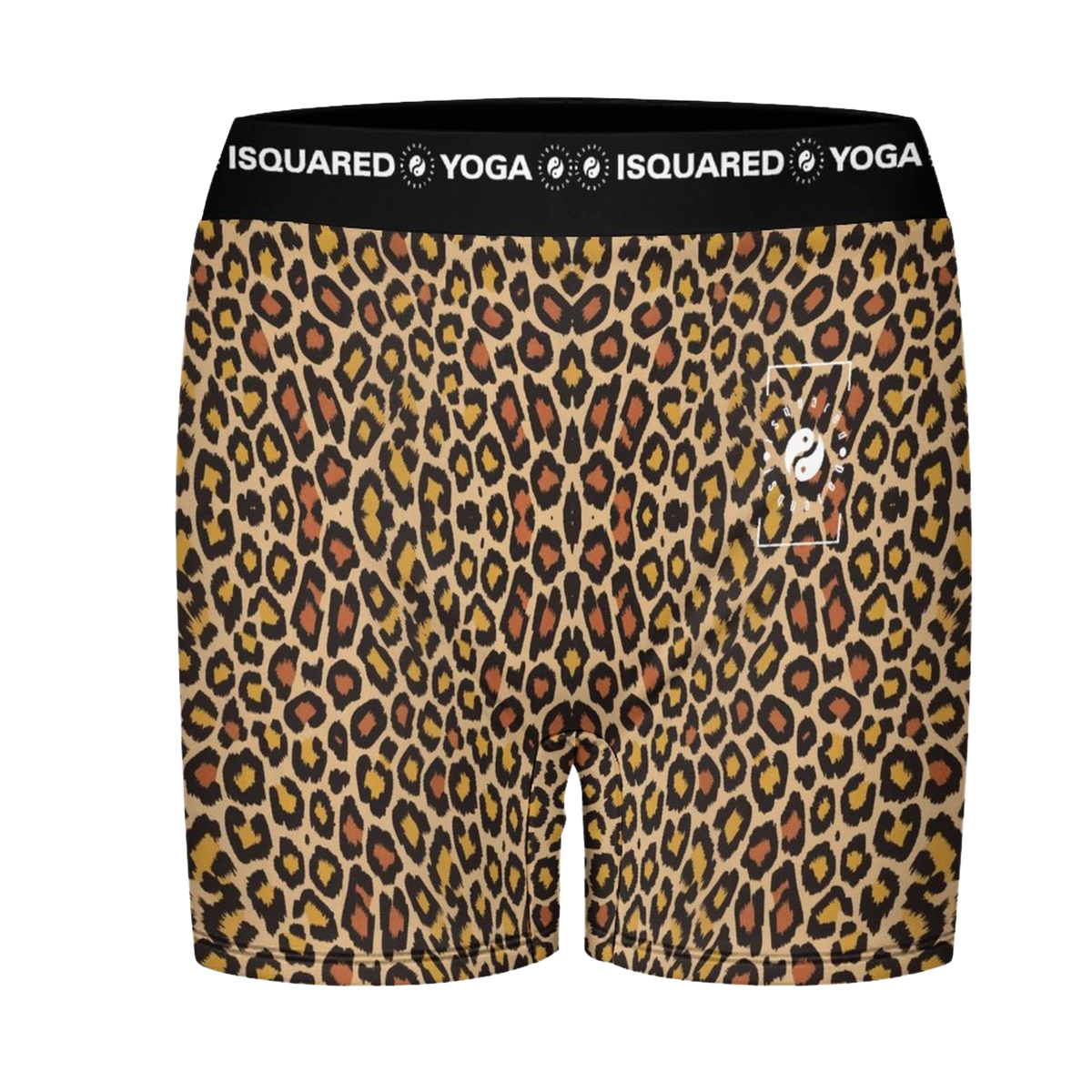 iSquared Yoga shorts featuring a bold golden and black leopard print with an elastic black waistband.