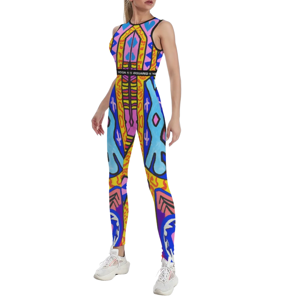 Colorful, sleeveless iSquared Jumpsuit with geometric patterns, body-con fit, worn with white sneakers.