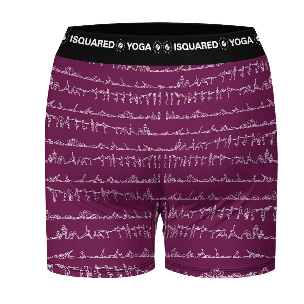Bikram Ember iSquared Yoga Shorts in deep burgundy with white yoga pose graphic and black elastic waistband.