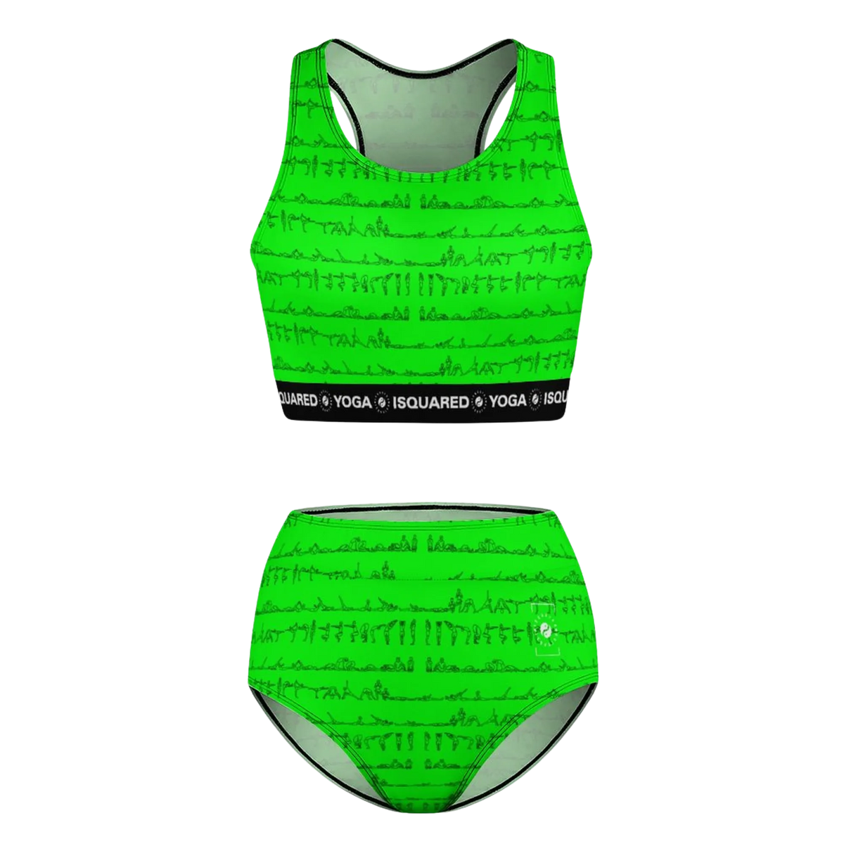 Bright green Bikram Series hot yoga bikini set featuring a crop top and high-waisted bottom with yoga posture prints.
