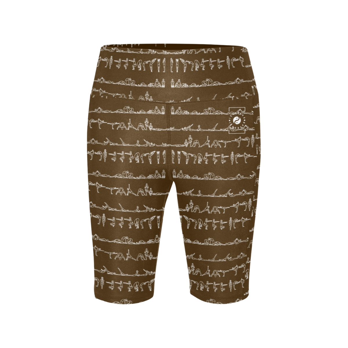 Bikram Ember iSquared Maureen Shorts featuring a brown fabric with white yoga pose graphics, mid-thigh length, and high waistband.