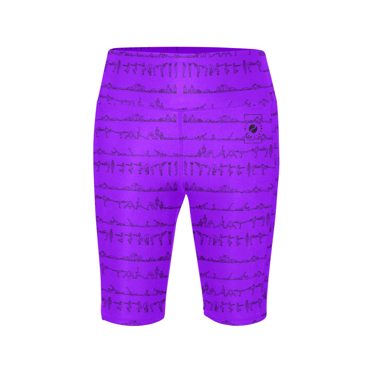 High-waisted purple biker shorts featuring a black Bikram yoga posture print, designed for comfort and performance.