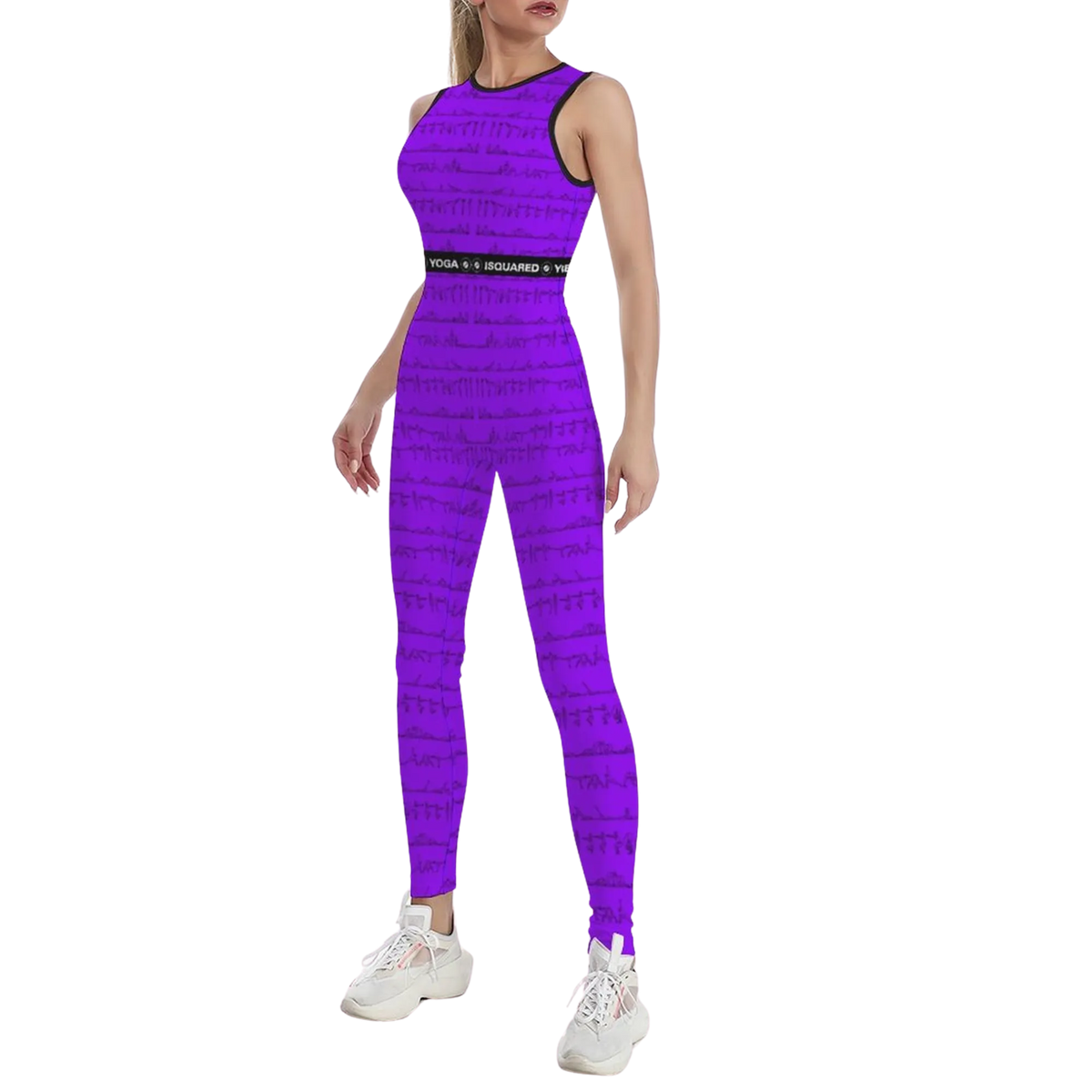 Sleeveless purple jumpsuit with a body-contouring fit, featuring a textured pattern and elastic waistband, styled for yoga.