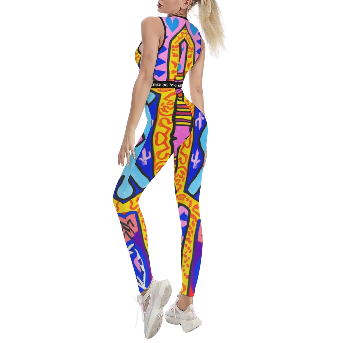 Sleeveless iSquared Jumpsuit featuring a vibrant multicolor abstract pattern, designed for comfort and freedom of movement.