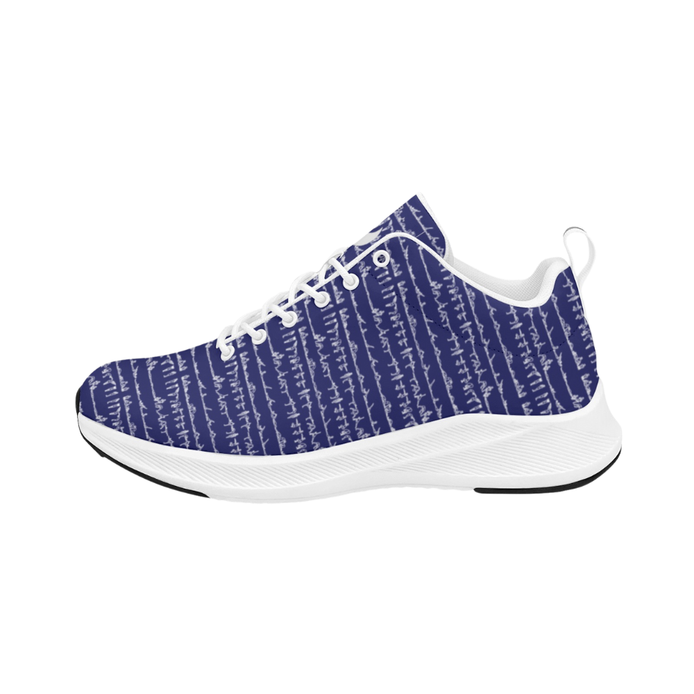 Bikram Ember iSquared Men Runners in deep blue with white abstract pattern, featuring a breathable faux suede upper and durable rubber outsole.