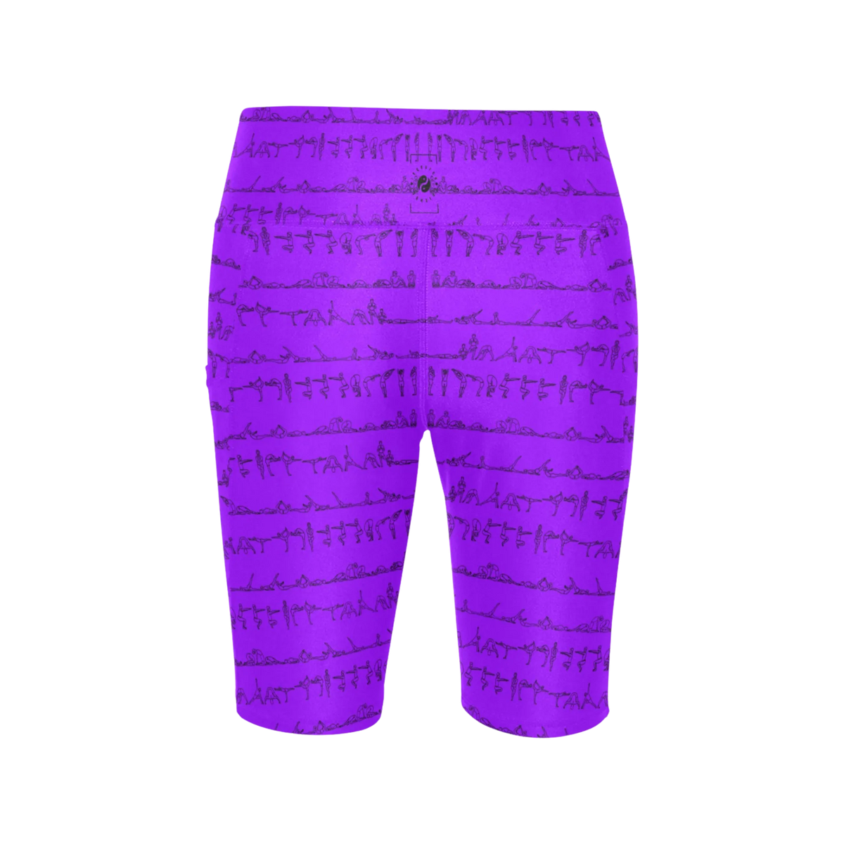 High-waisted purple biker shorts featuring a unique black yoga pose print throughout. Ideal for active workouts.