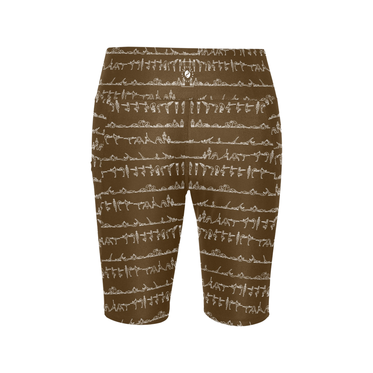 Bikram Ember iSquared Maureen Shorts in brown, featuring a pattern of white yoga poses, high-waisted biker-length fit.