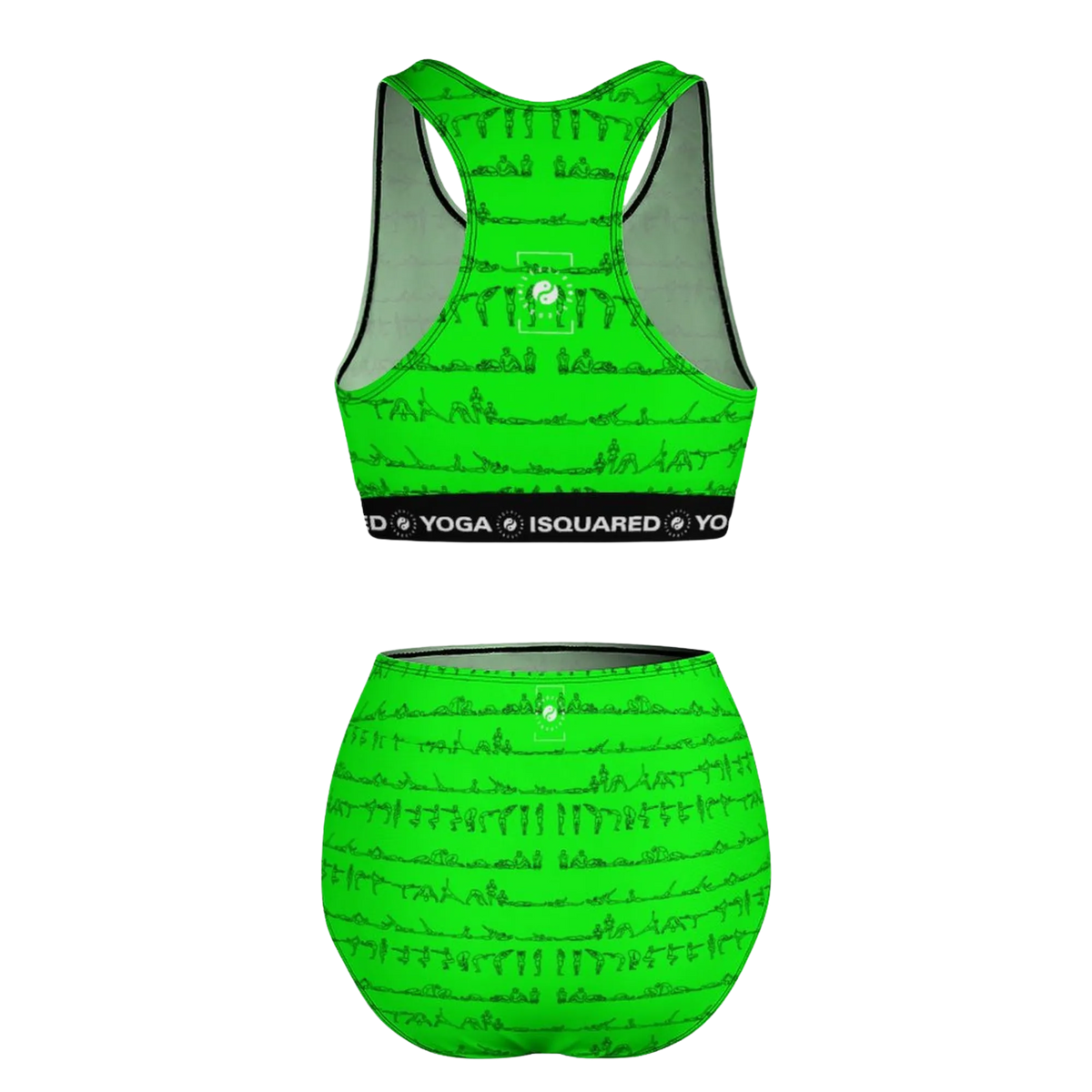 Bright green Bikram Series hot yoga bikini set featuring an all-over print of yoga poses and a supportive racerback design.