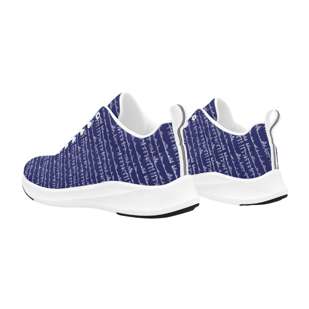 Bikram Ember iSquared Men Runners feature a dark blue patterned upper with white soles and laces.