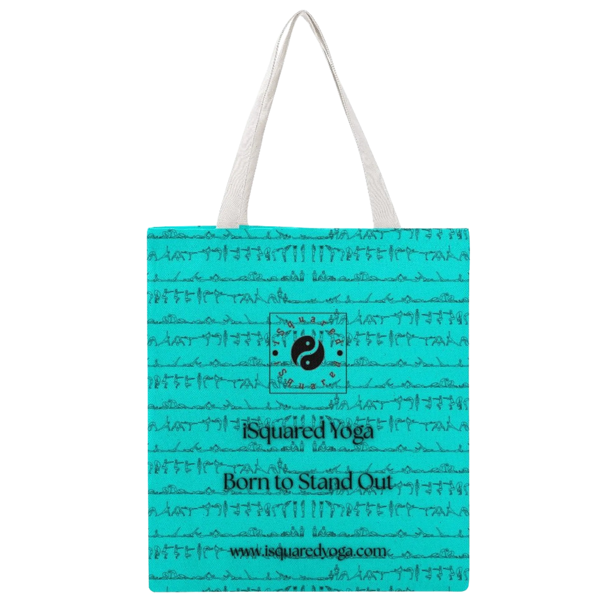 A turquoise tote bag featuring a unique, artful print with yoga poses and the iSquared Yoga logo, complemented by white straps.
