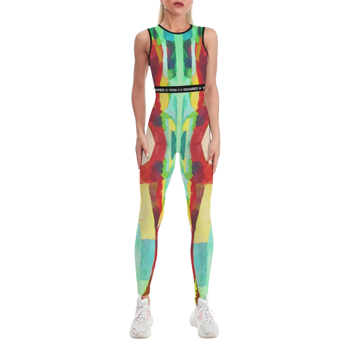 Colorful sleeveless iSquared jumpsuit featuring a bold abstract pattern, worn fitted, with a supportive waistband.