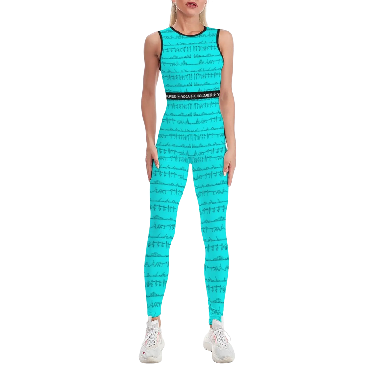 Sleeveless turquoise jumpsuit featuring a unique print design, worn fitted with a body-contouring silhouette.