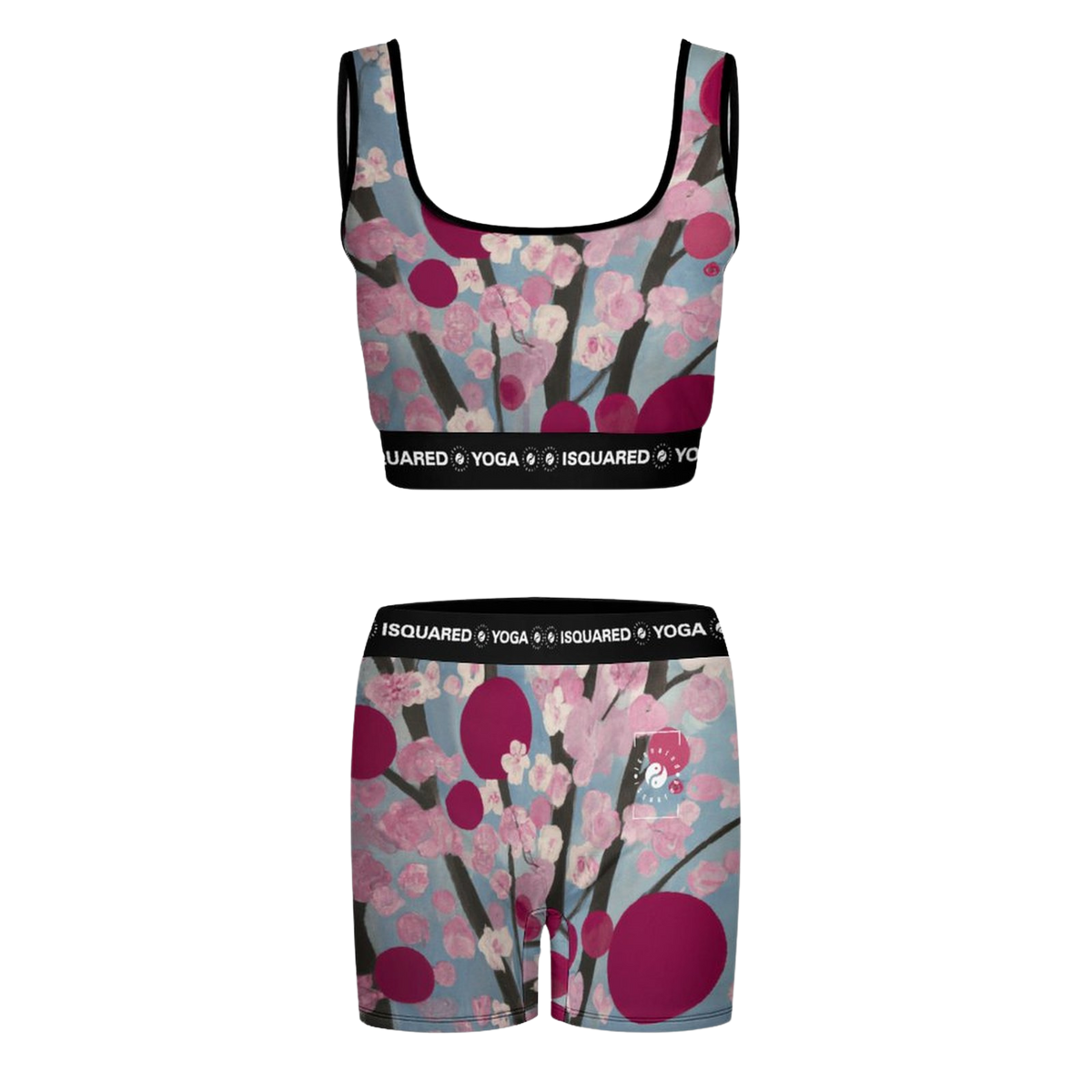 Floral-patterned yoga set featuring a fitted crop top and shorts, with a black branded waistband.